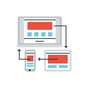 graphic showing responsive design elements on laptop, tablet and mobile phone